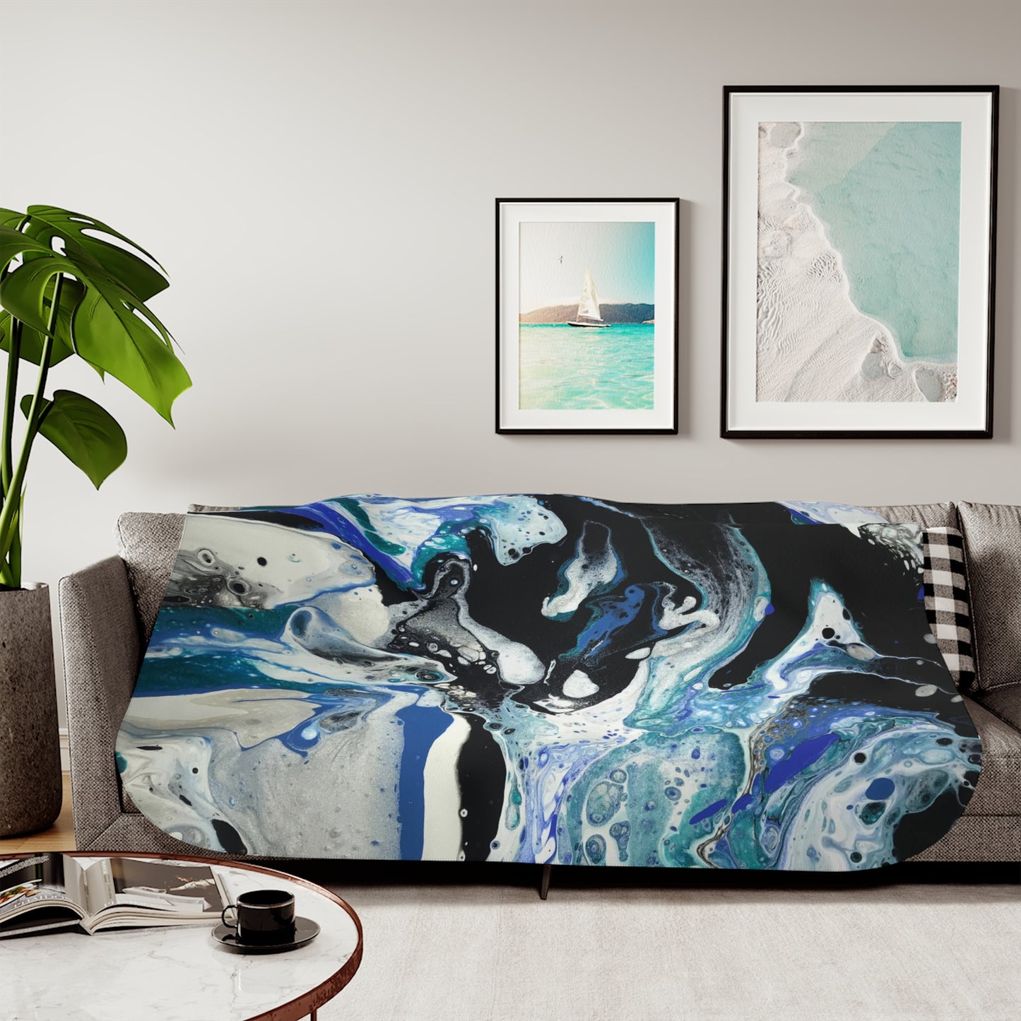 Exclusive! Black and Blue Swirl Paint Pour Art Sherpa Blanket