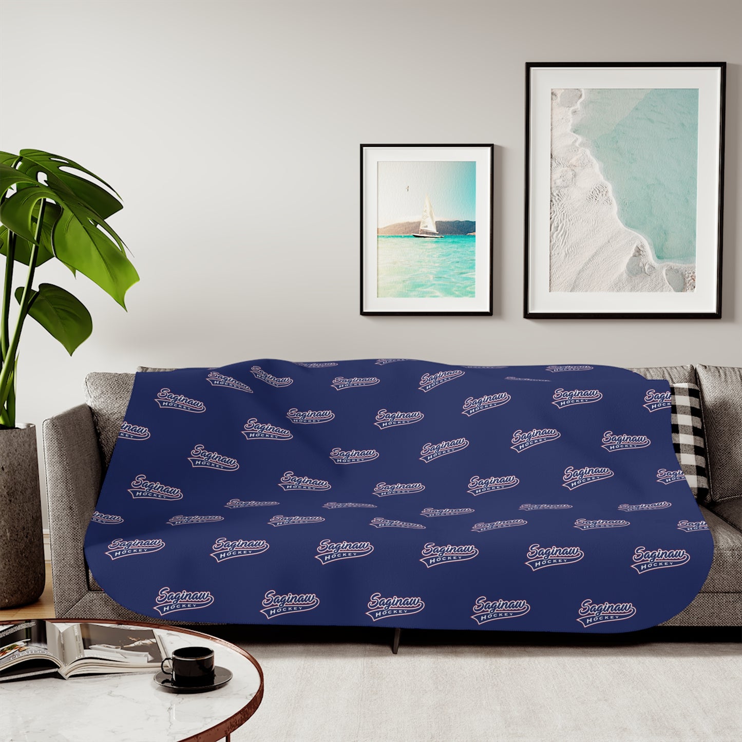 Saginaw Logo Pattern Sherpa Blanket - Blue