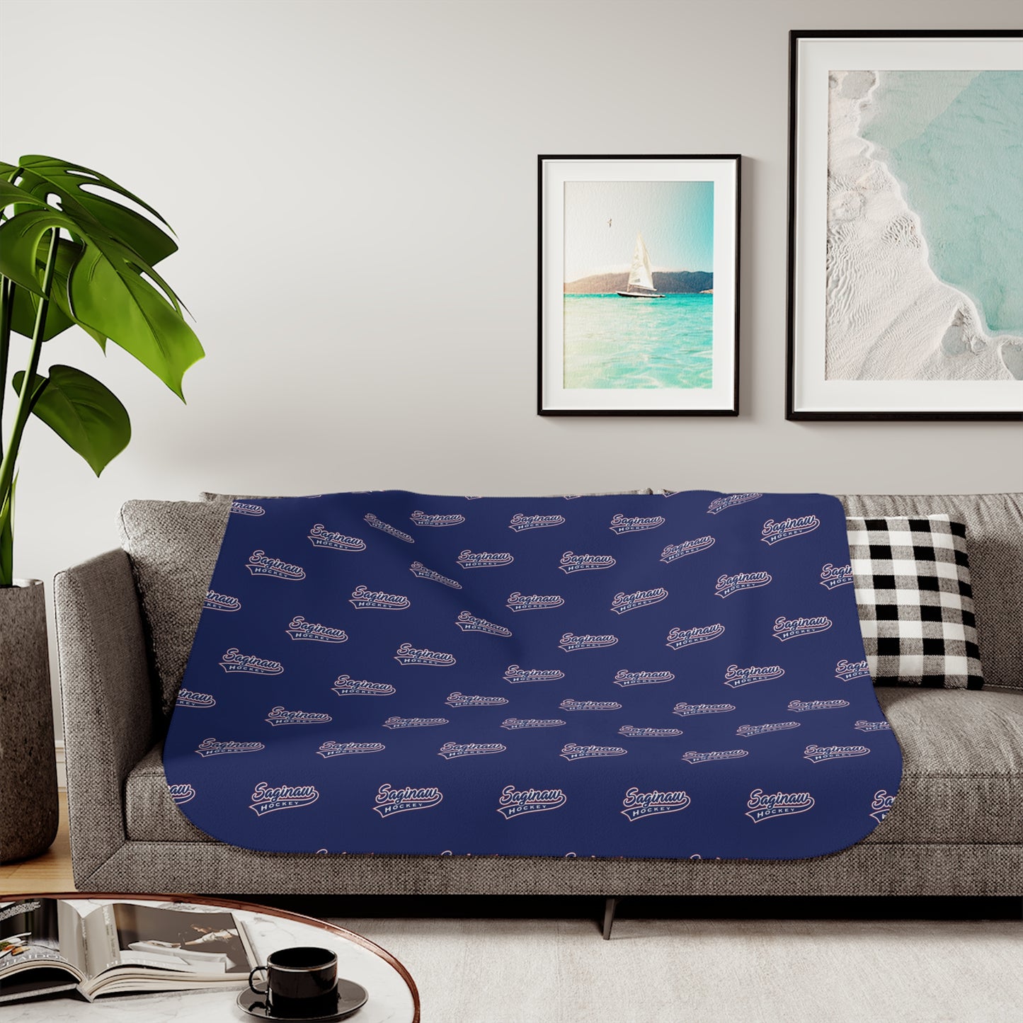 Saginaw Logo Pattern Sherpa Blanket - Blue